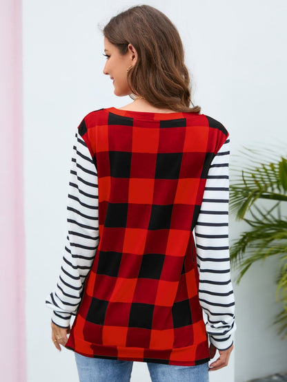 Plaid Striped Round Neck Long Sleeve T-Shirt