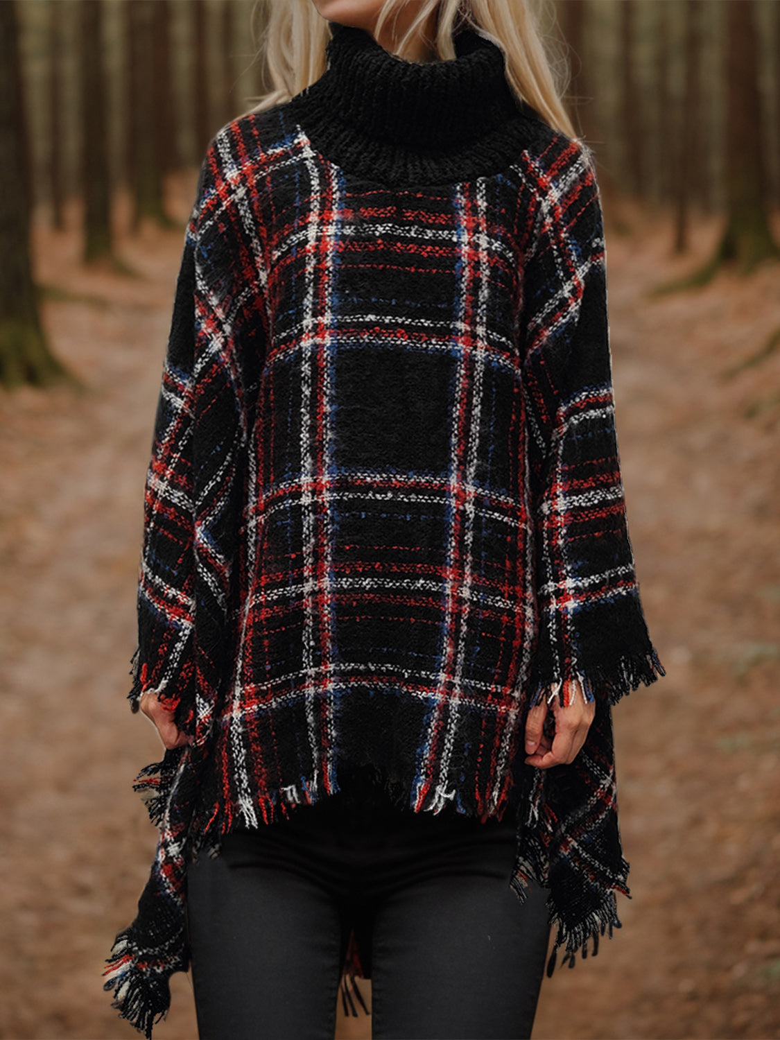 Shiny Turtleneck Plaid Raw Hem Sweater