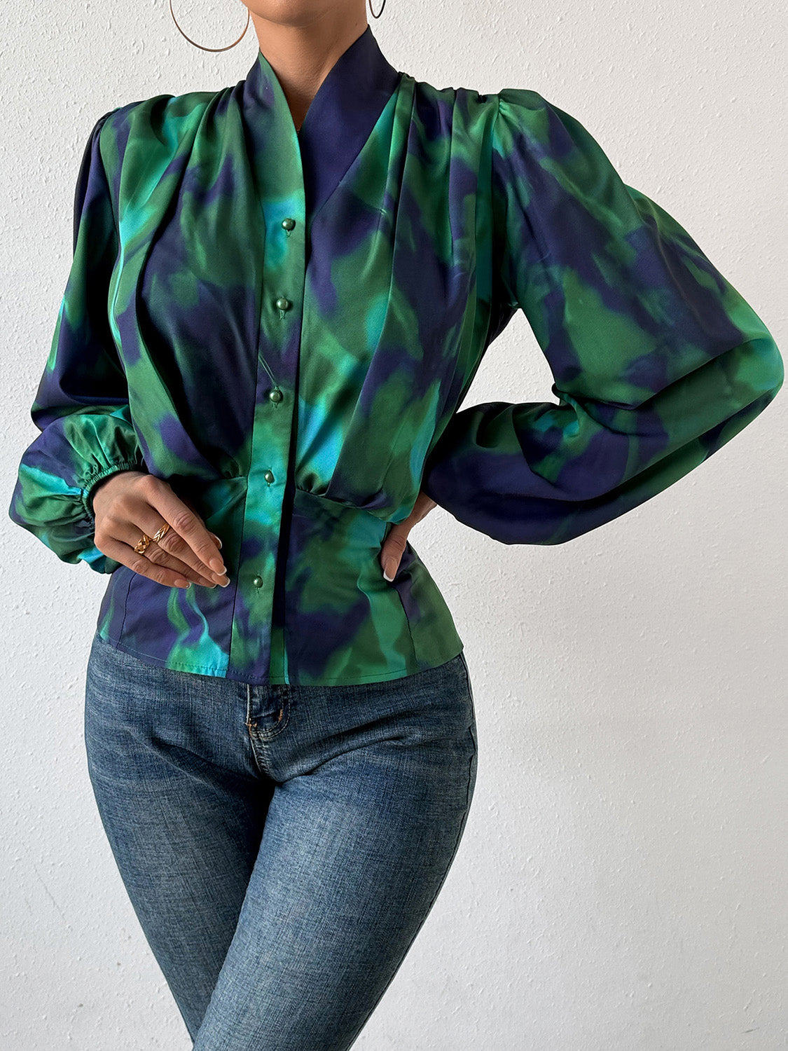 Honey Tie-Dye Button Up Balloon Sleeve Blouse