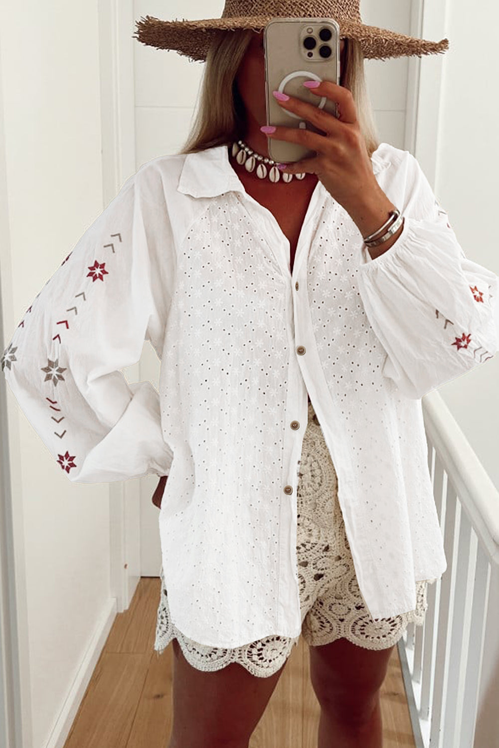 Embroidered Eyelet Collared Neck Long Sleeve Shirt