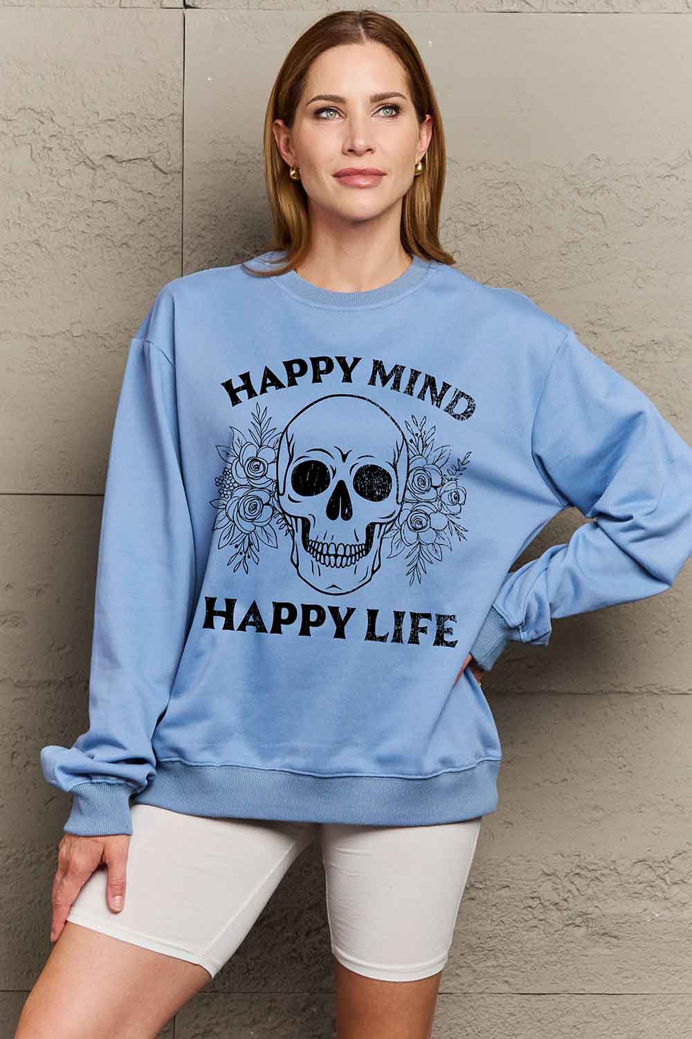 Simply Love Simply Love Full Size HAPPY MIND HAPPY LIFE SKULL Graphic Sweatshirt