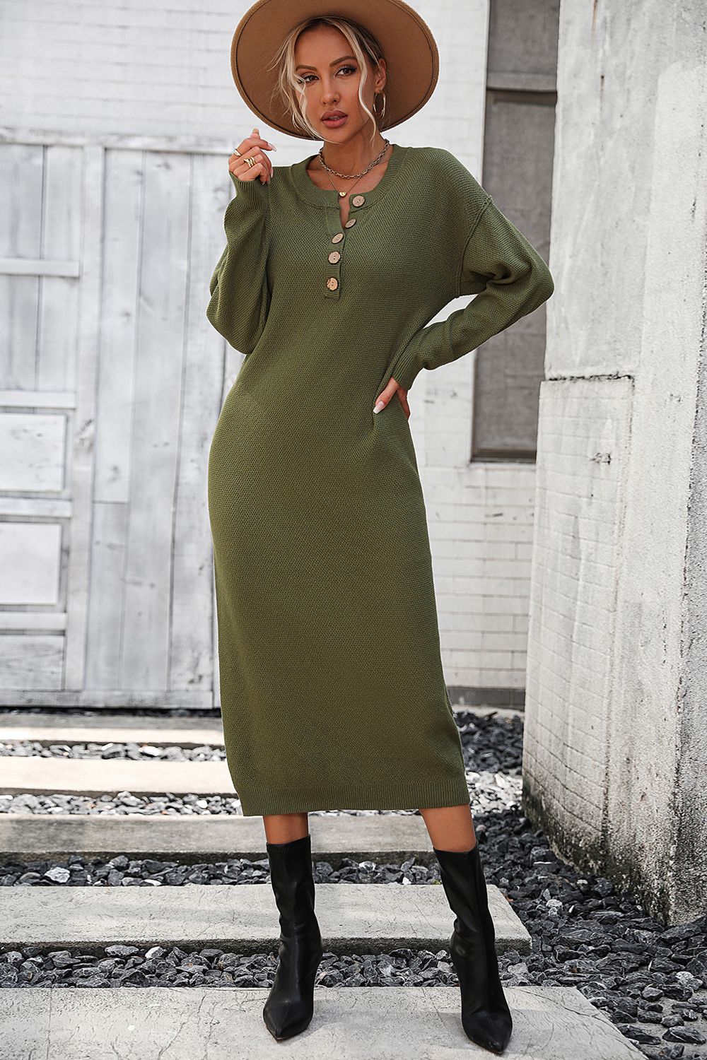 Decorative Button Notched Dropped Shoulder Sweater Dress