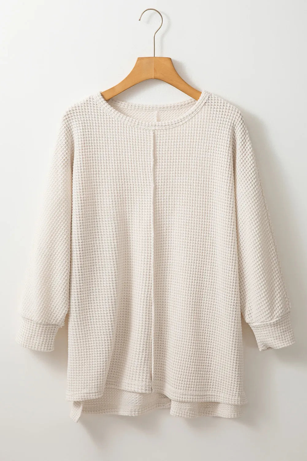 Waffle-Knit Slit Round Neck Long Sleeve Top