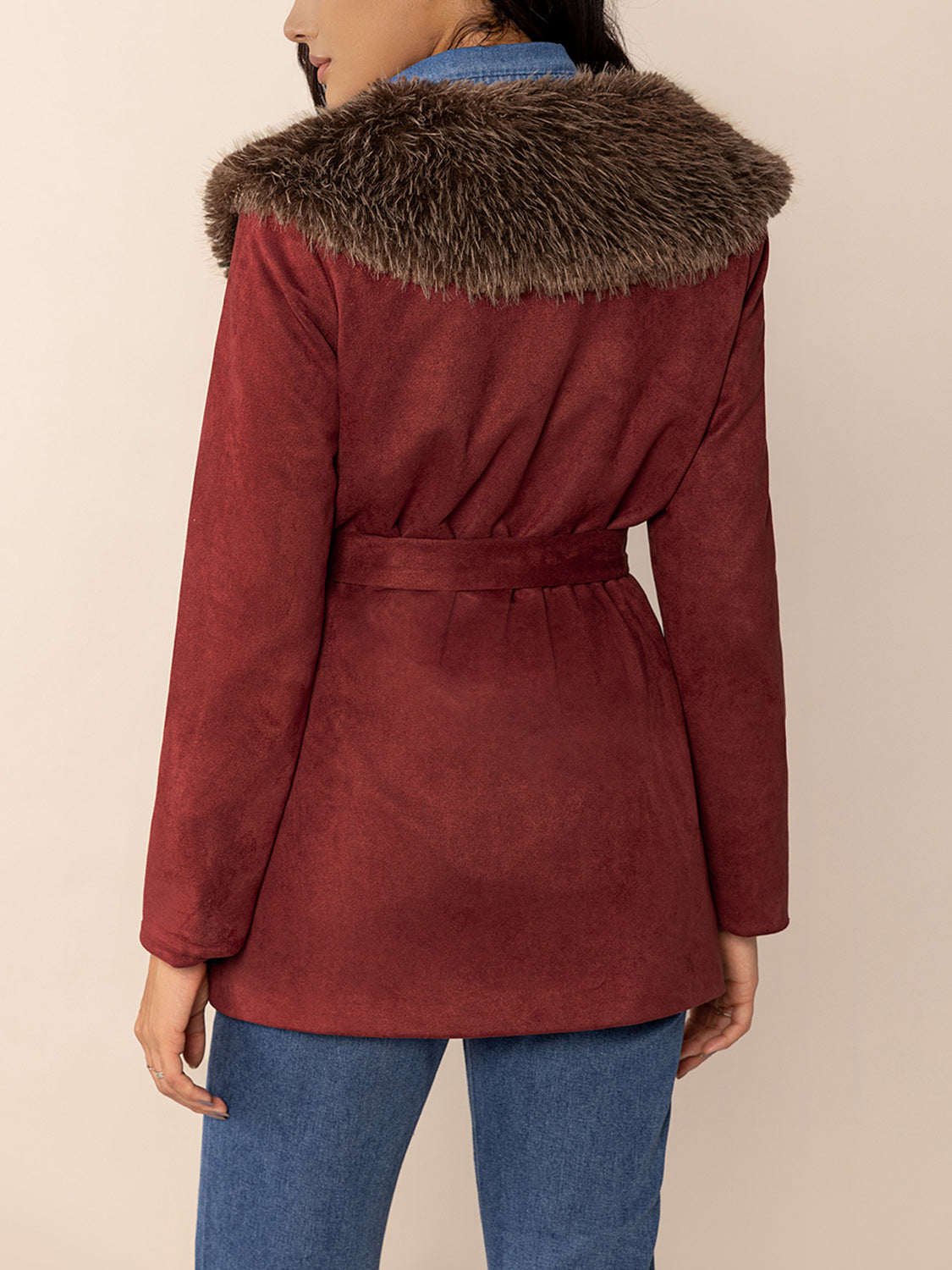 Fuzzy Collared Neck Tie Waist Jacket