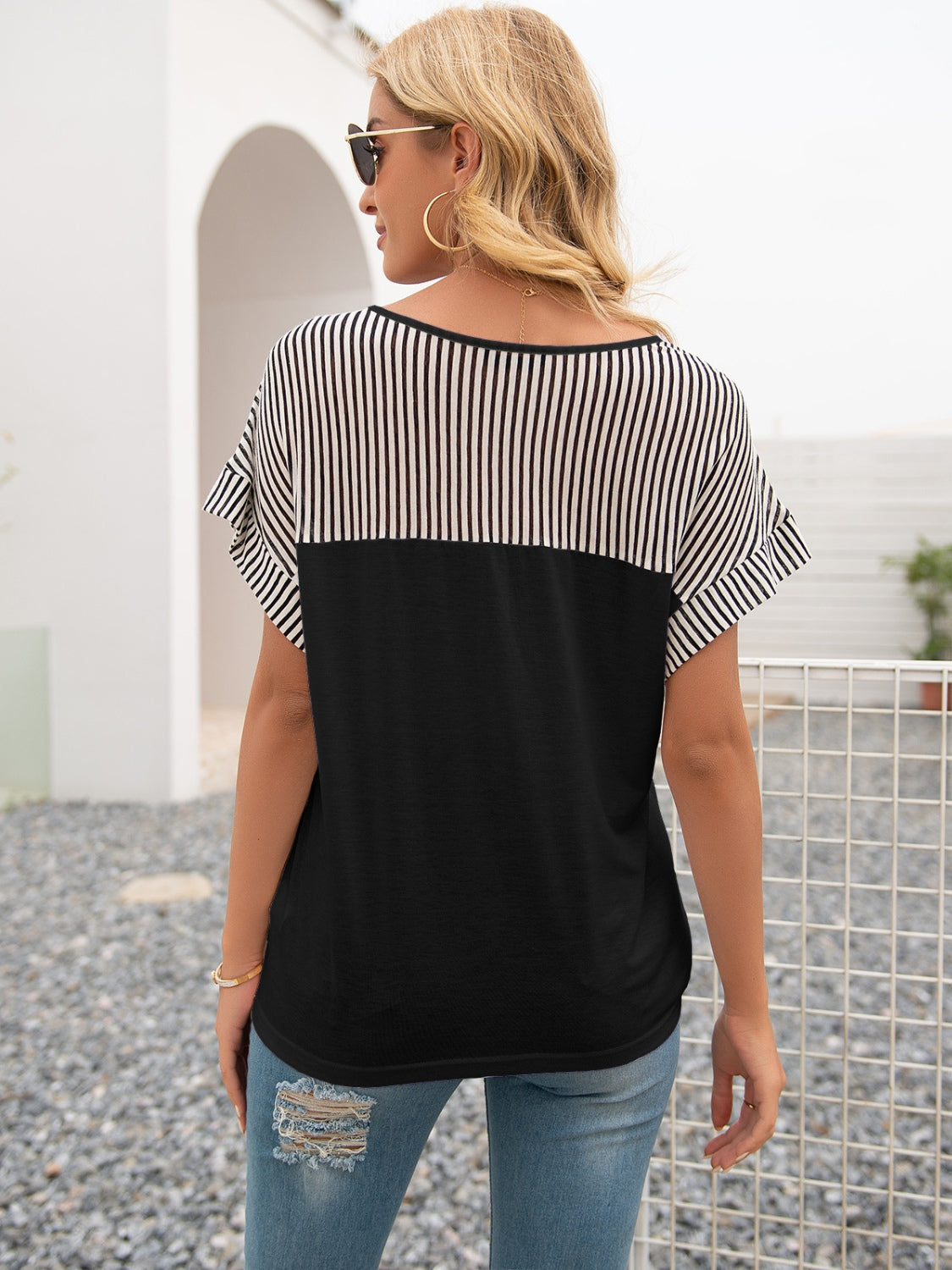 Ivy Lane Striped V-Neck Short Sleeve T-Shirt