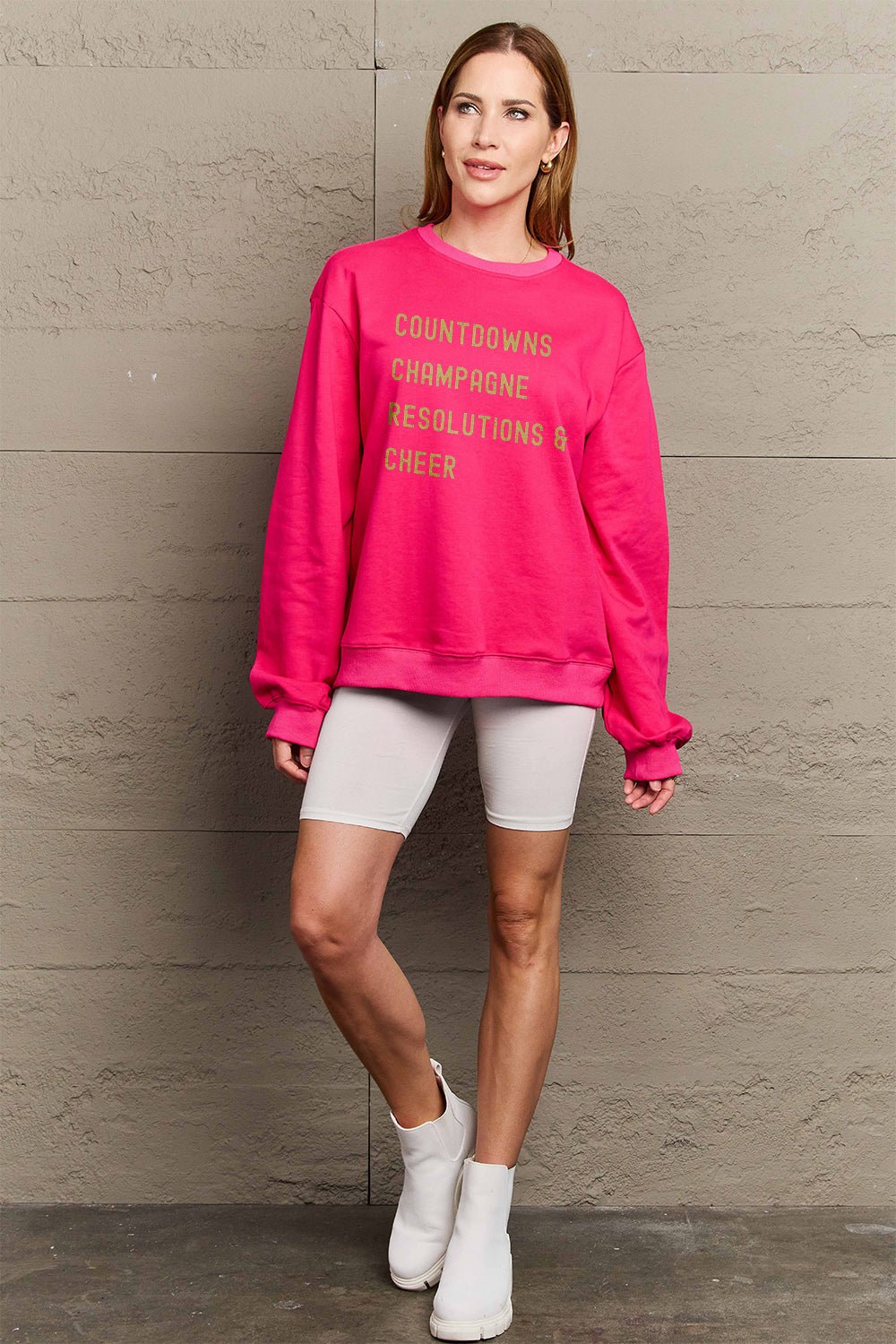 Simply Love Full Size COUNTDOWNS CHAMPAGNE RESOLUTIONS &amp; CHEER Round Neck Sweatshirt