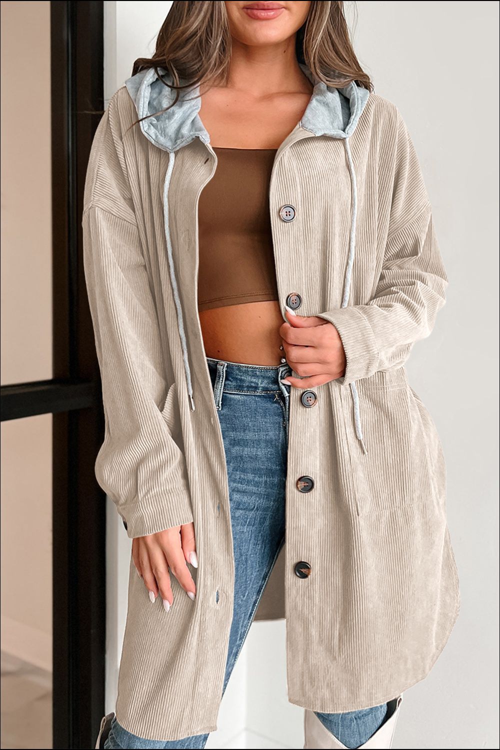 Drawstring Button Up Long Sleeve Hooded Jacket