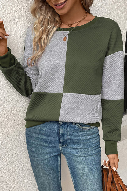 Perfee Textured Color Block Round Neck Sweatshirt