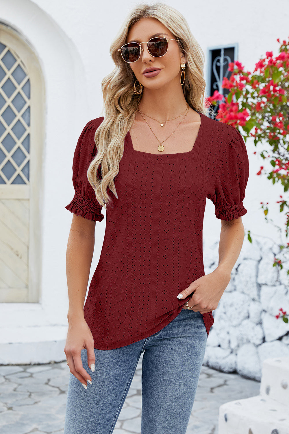 Eyelet Square Neck Short Sleeve T-Shirt