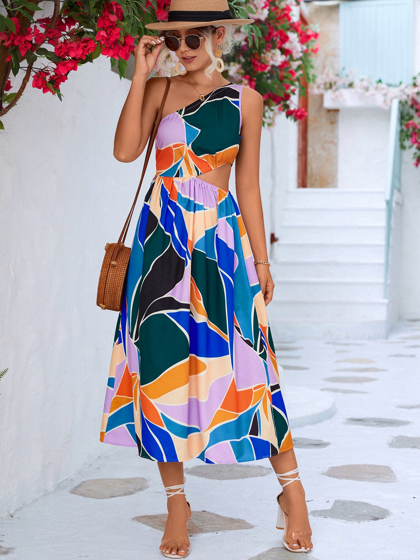 Printed Cutout One-Shoulder Sleeveless Dress