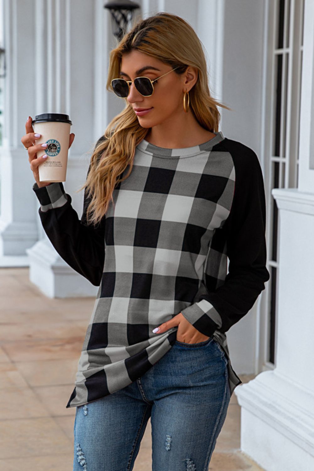 Plaid Round Neck Long Sleeve T-Shirt