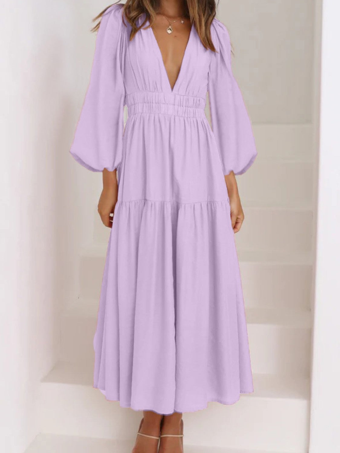 Deep V-Neck Balloon Sleeve Plain Maxi Dress