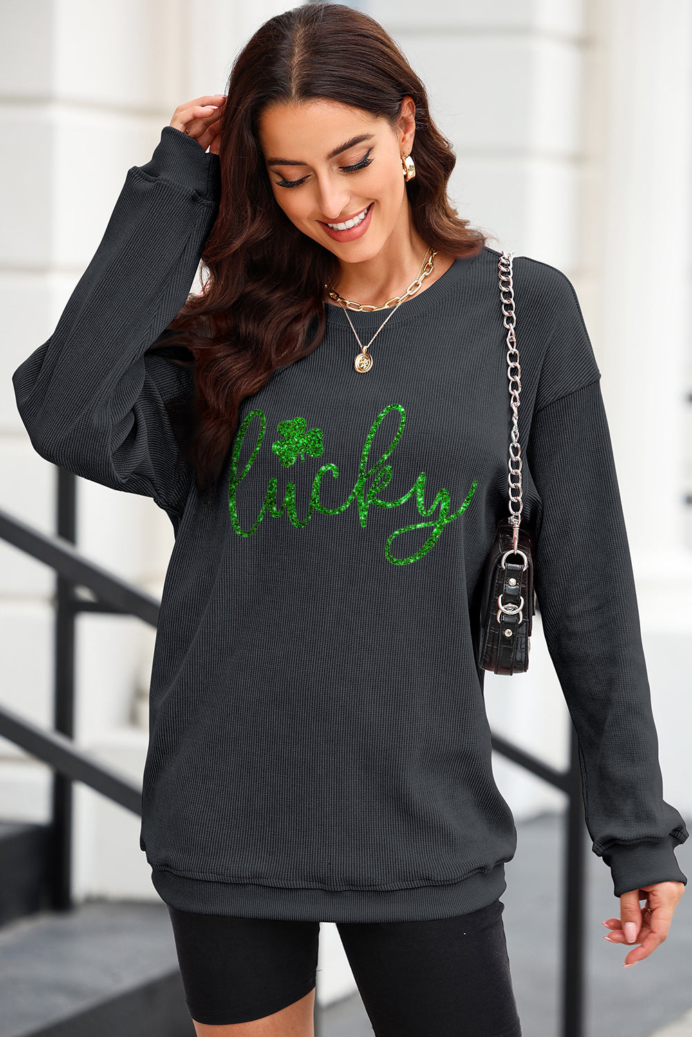 LUCKY Round Neck Dropped Shoulder Sweatshirt