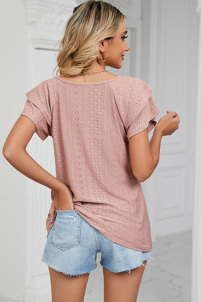 Eyelet V-Neck Short Sleeve T-Shirt