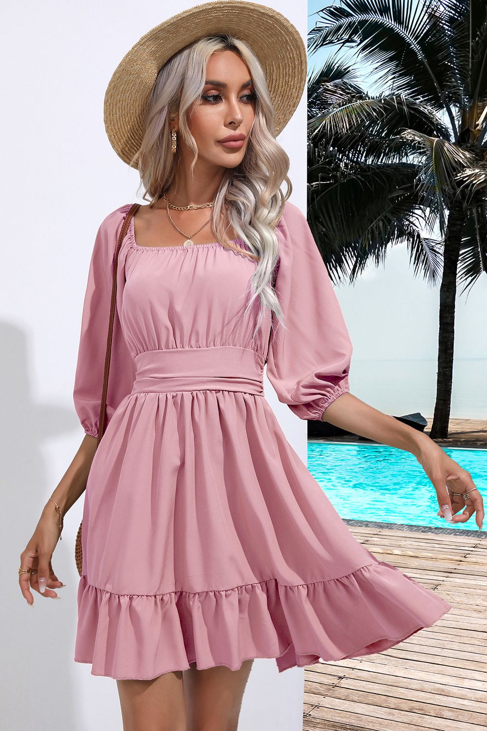 Square Neck Tie Back Ruffle Hem Dress