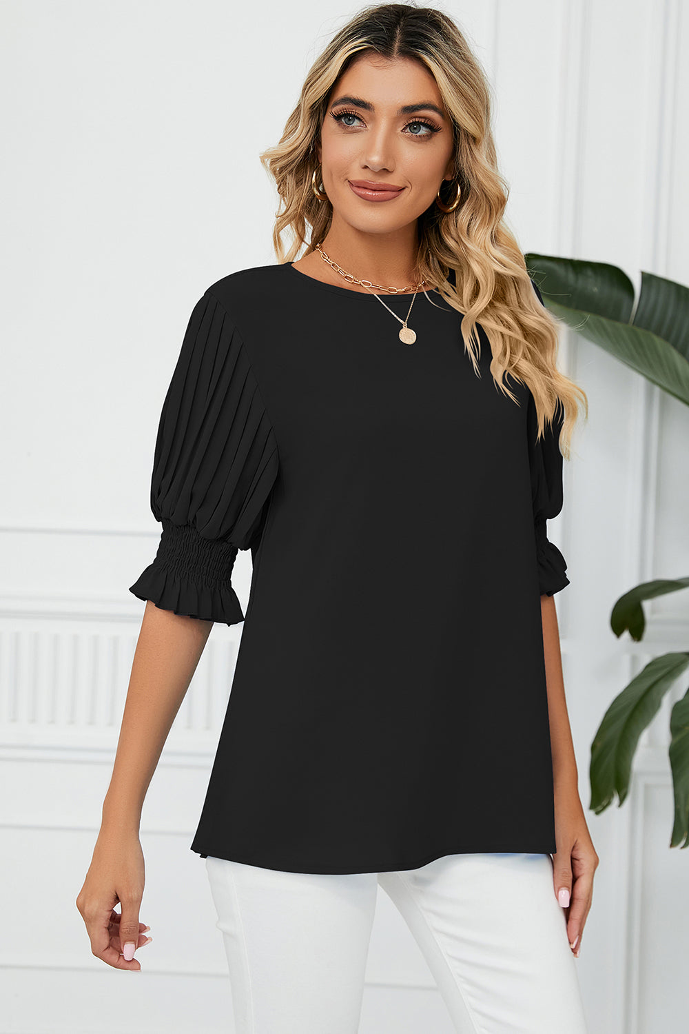 Frill Round Neck Lantern Sleeve T-Shirt