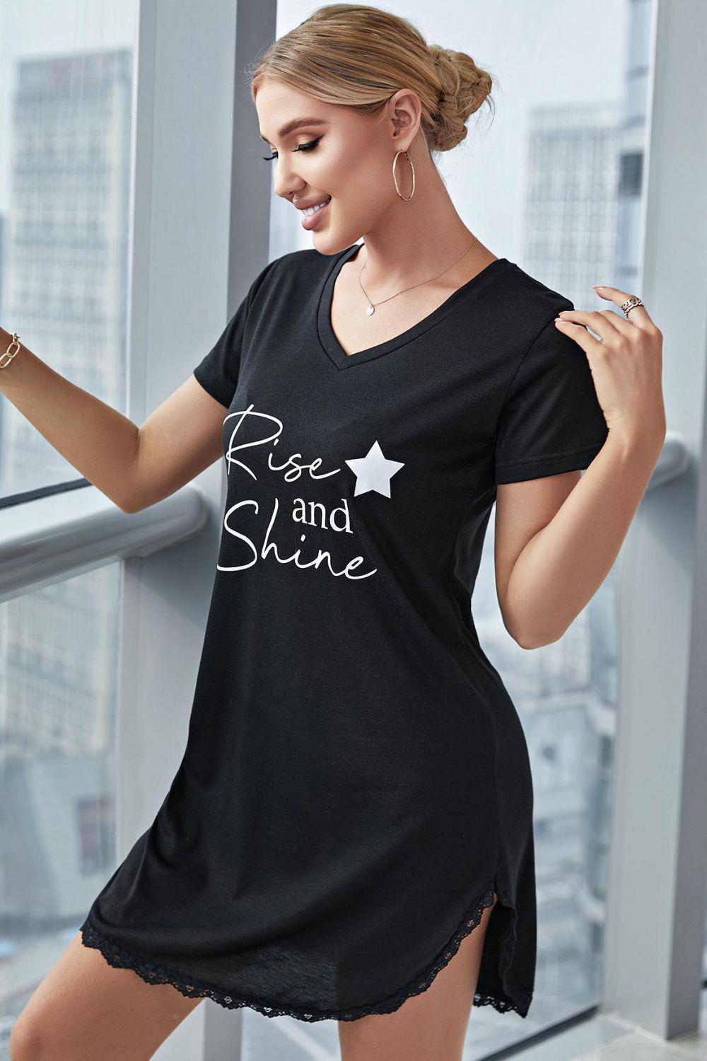 RISE AND SHINE Contrast Lace V-Neck T-Shirt Dress