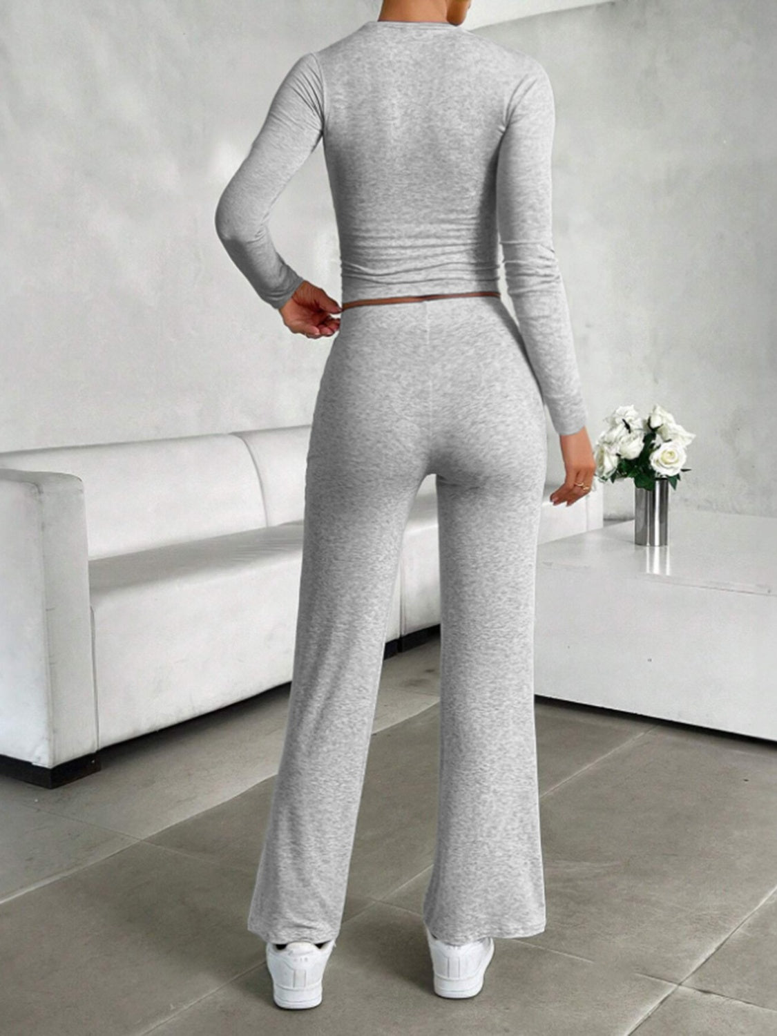 Round Neck Long Sleeve Top and Drawstring Pants Set