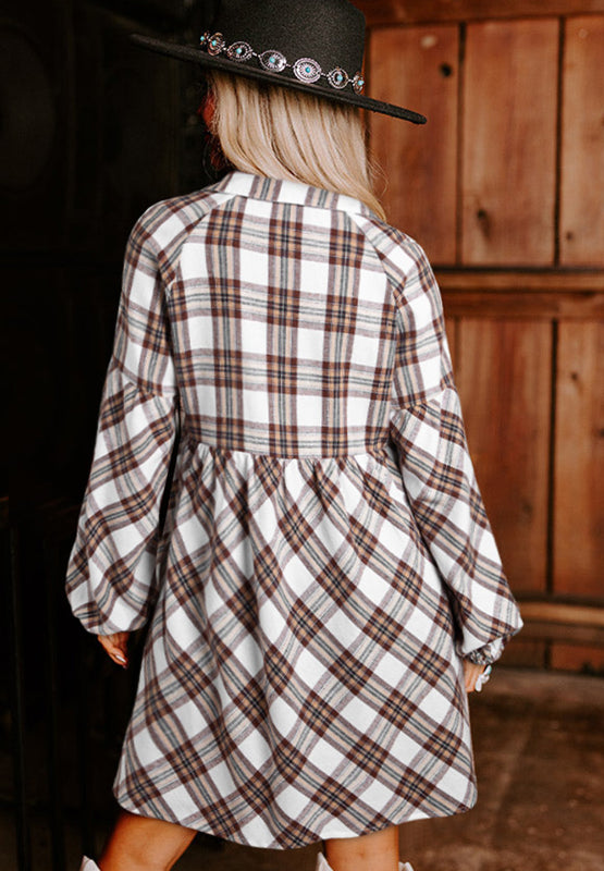 Full Size Plaid Collared Neck Balloon Sleeve Mini Shirt Dress