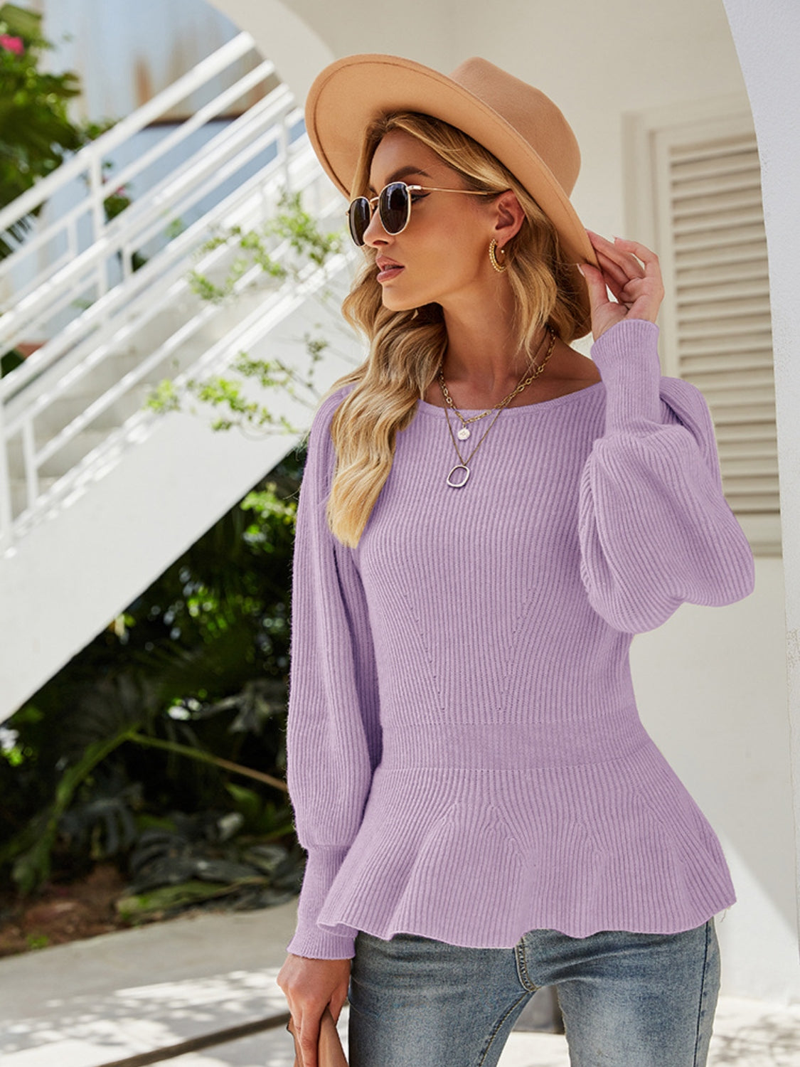 Ribbed Round Neck Lantern Sleeve Sweater