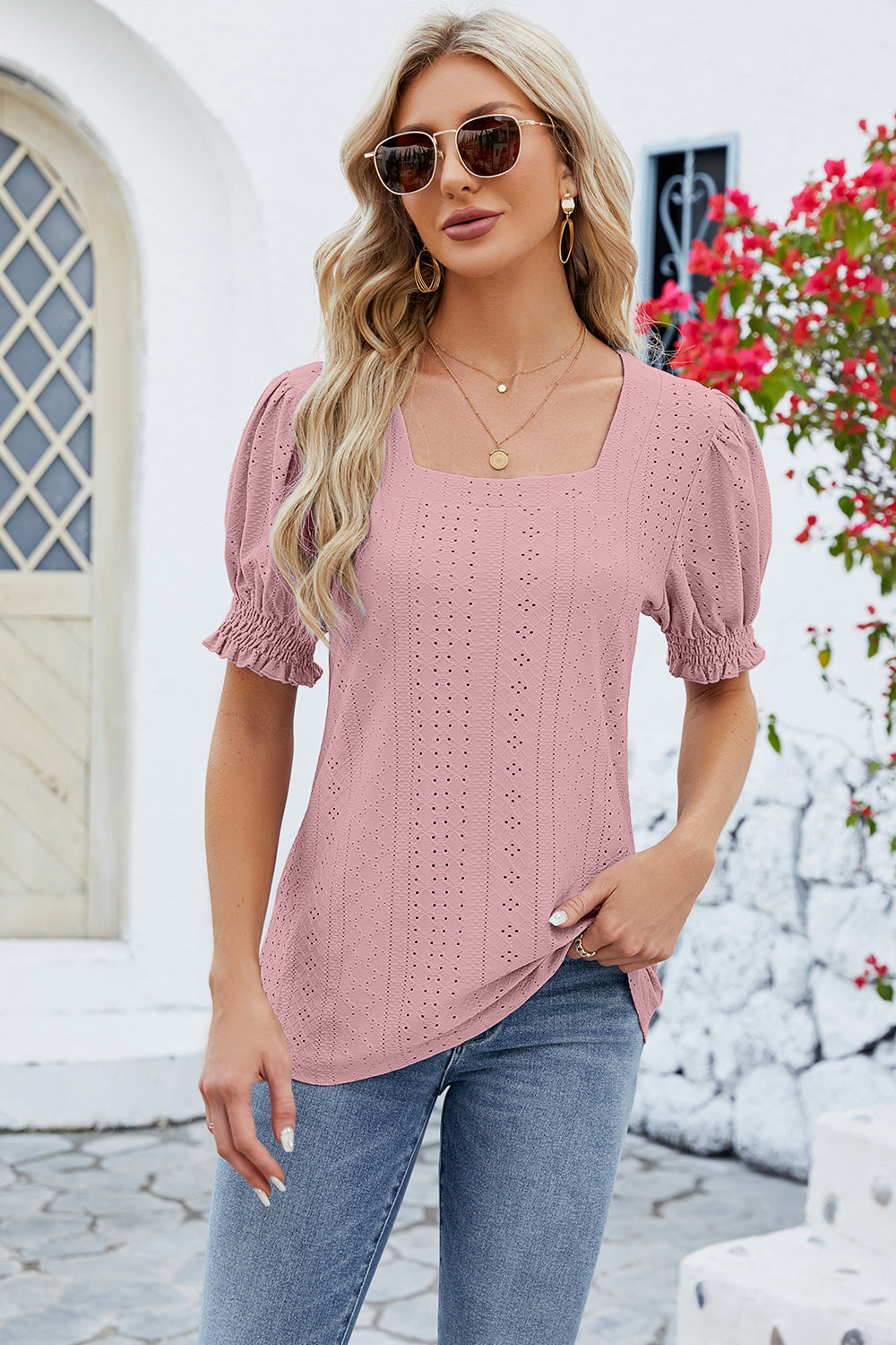 Eyelet Square Neck Short Sleeve T-Shirt