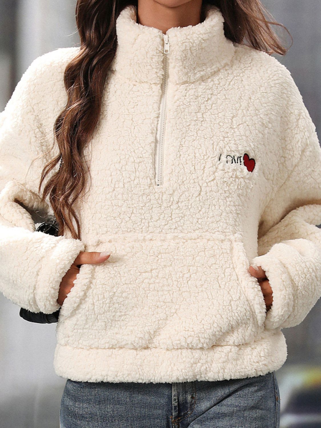 Heart Half Zip Long Sleeve Teddy Sweatshirt