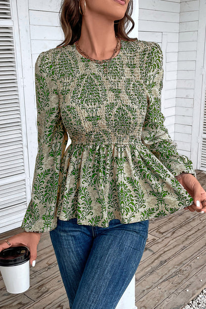 Perfee Smocked Printed Balloon Sleeve Blouse