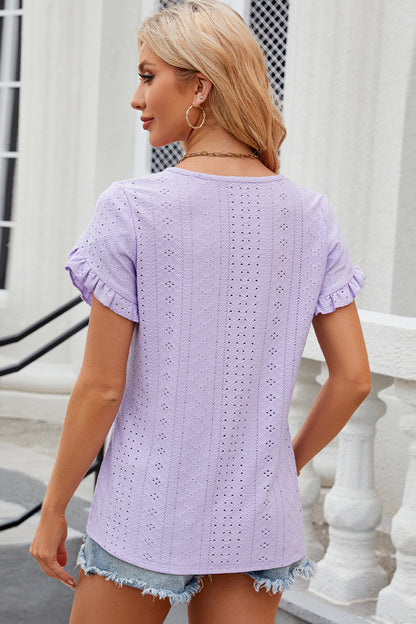 Eyelet Round Neck Petal Sleeve T-Shirt