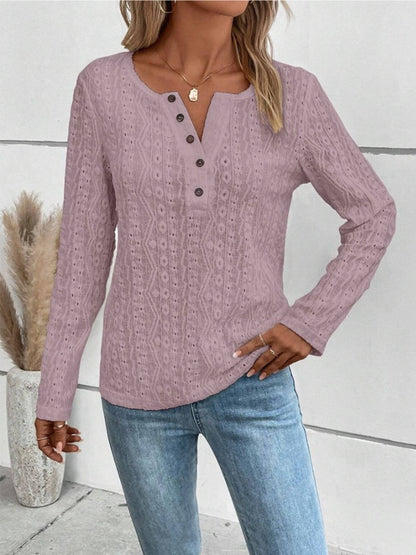 Openwork Half Button Long Sleeve Blouse