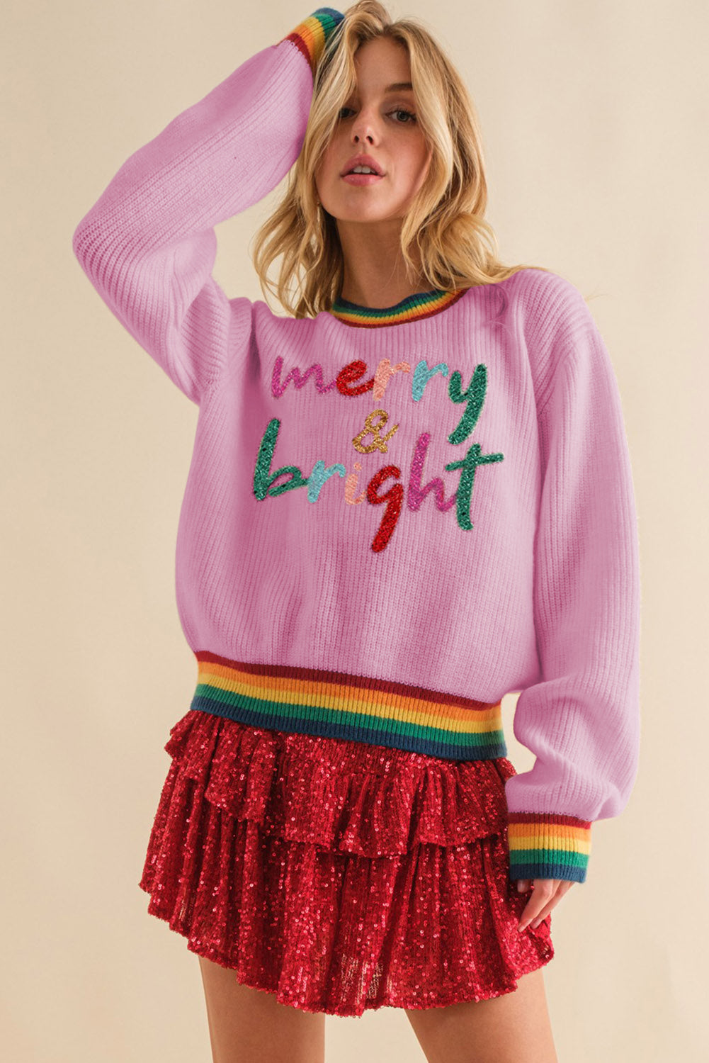 MERRY &amp; BRIGHT Ribbed Round Neck Sweater