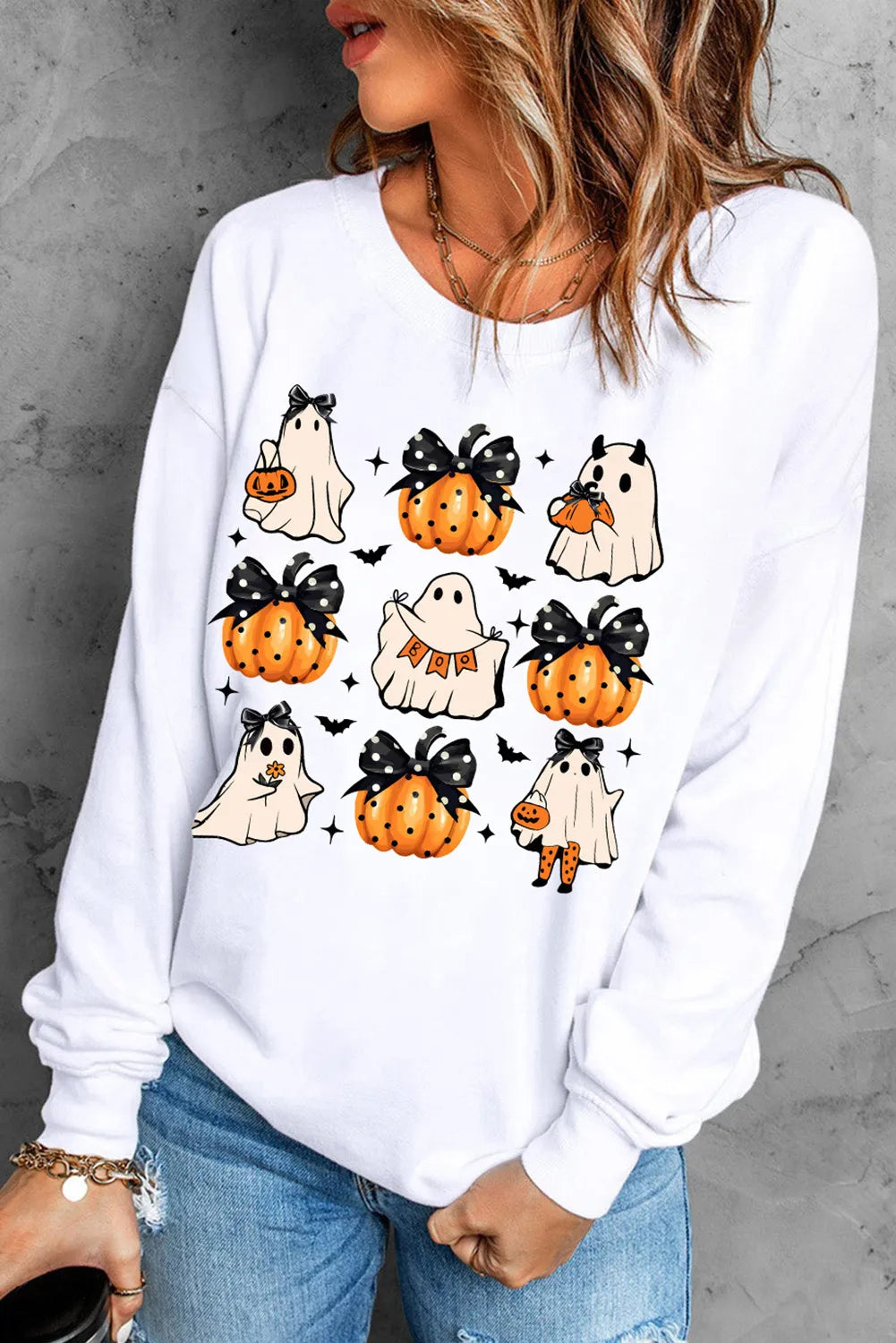 Pumpkin &amp; Ghost Round Neck Long Sleeve Sweatshirt