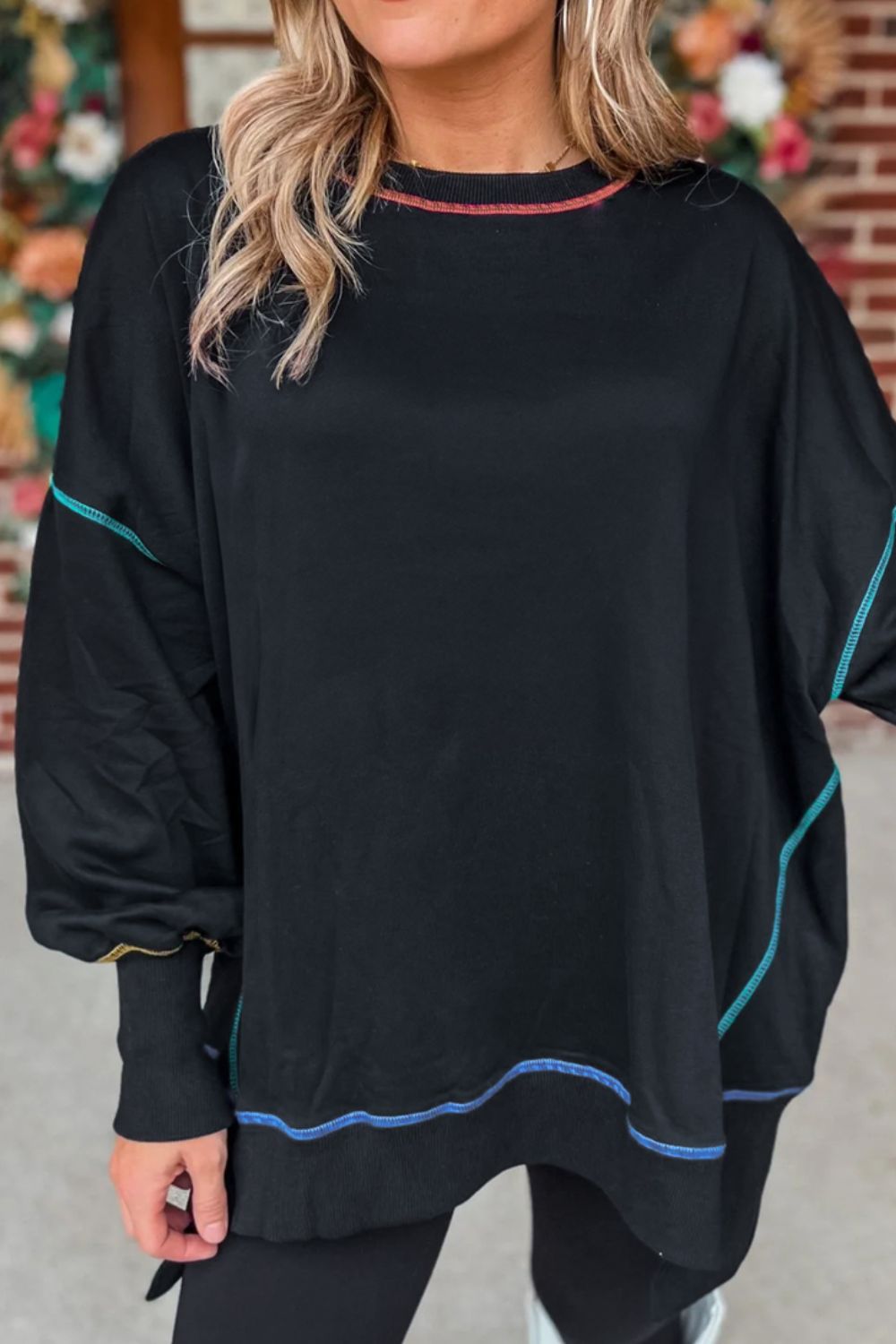 Slit Round Neck Lantern Sleeve Sweatshirt