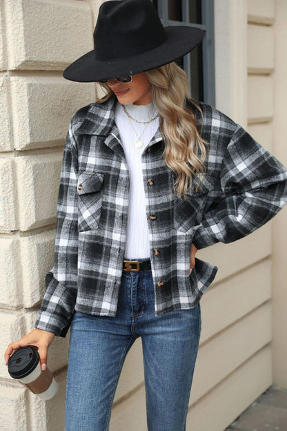 Pocketed Plaid Collared Neck Dropped Shoulder Jacket