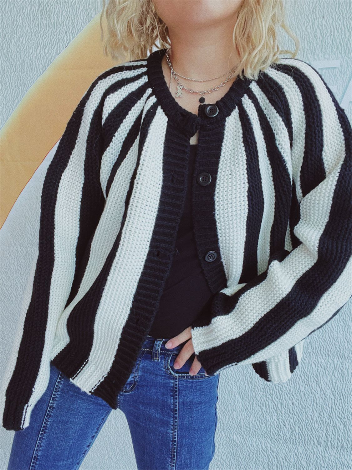 Contrast Stripes Button Down Long Sleeve Cardigan