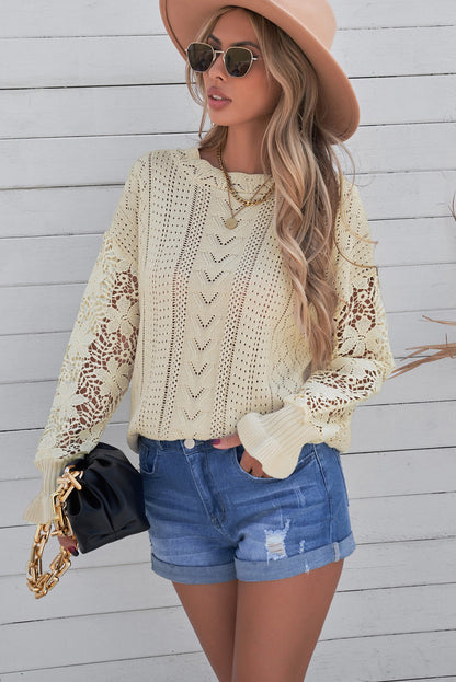 Openwork Lantern Sleeve Dropped Shoulder Sweater