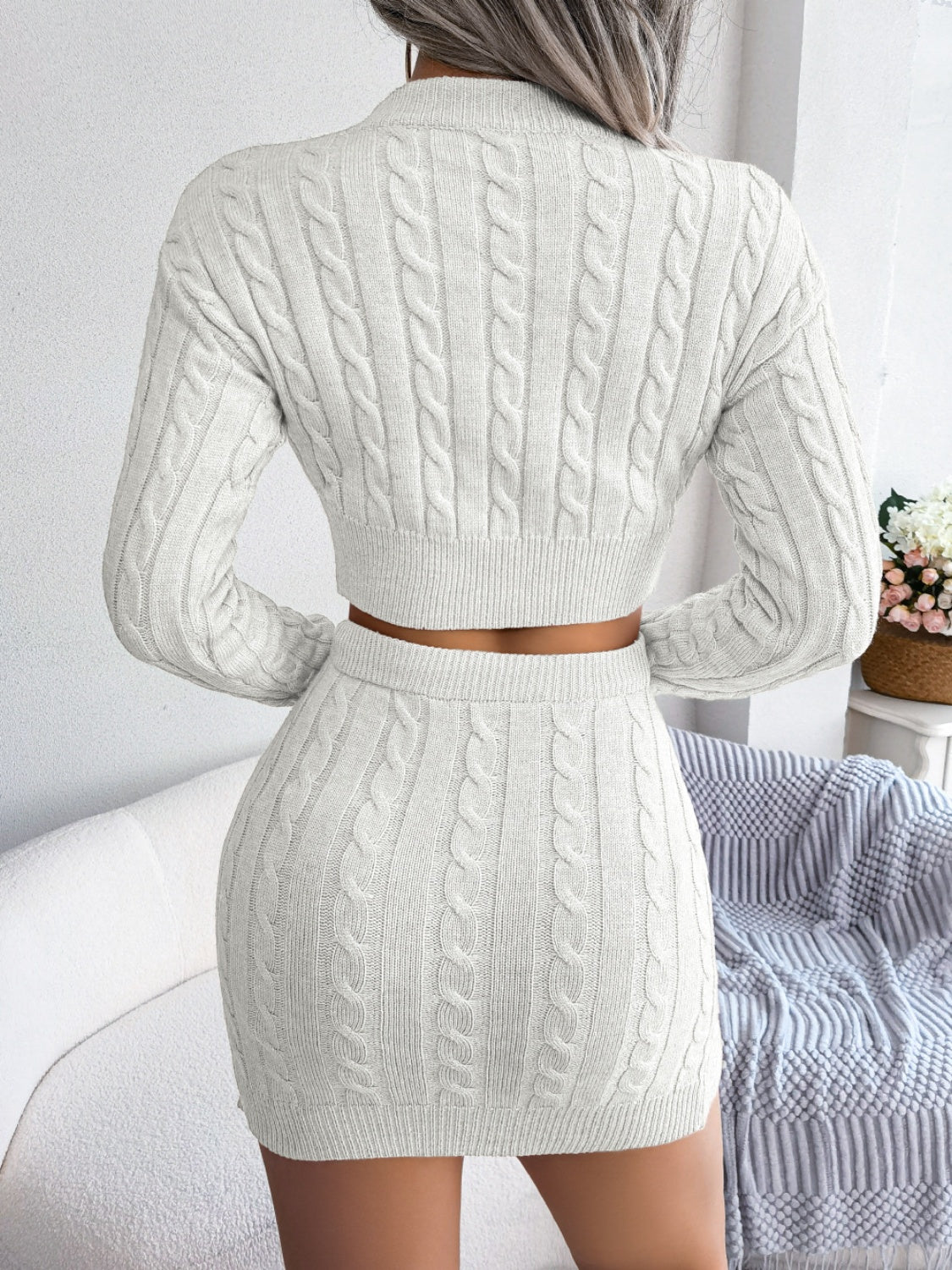 Cable-Knit Round Neck Top and Skirt Sweater Set