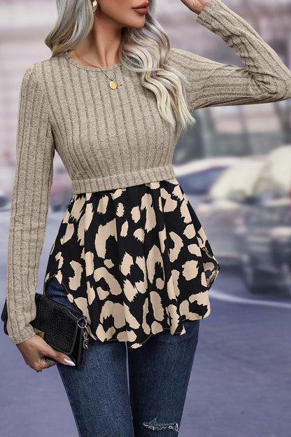 Ivy Lane Leopard Peplum Round Neck Blouse