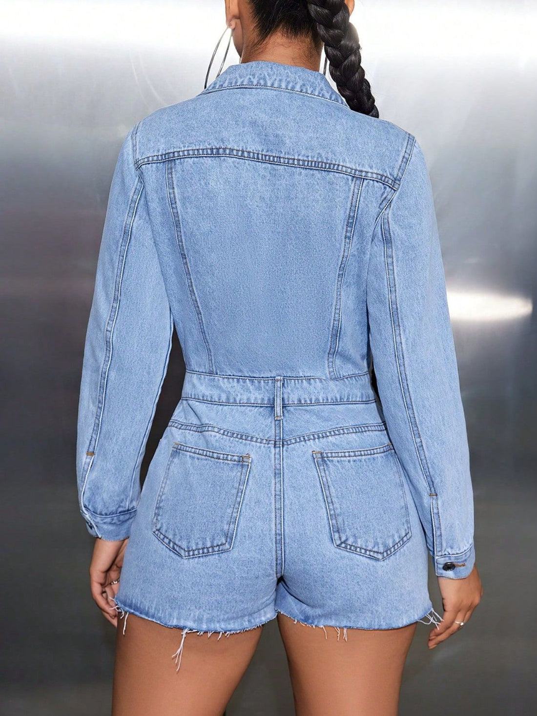 Buttoned Collared Neck Long Sleeve Denim Romper