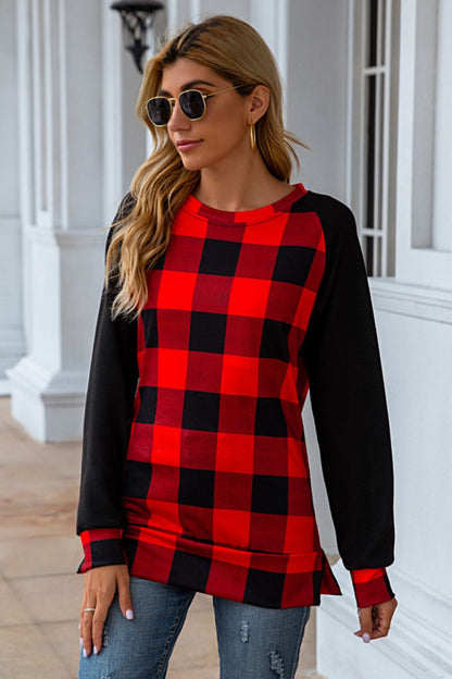 Plaid Round Neck Long Sleeve T-Shirt