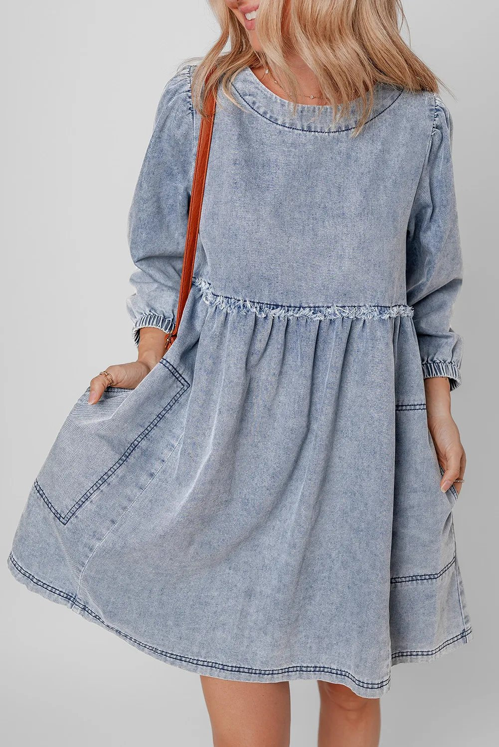 Round Neck Long Sleeve Denim Dress