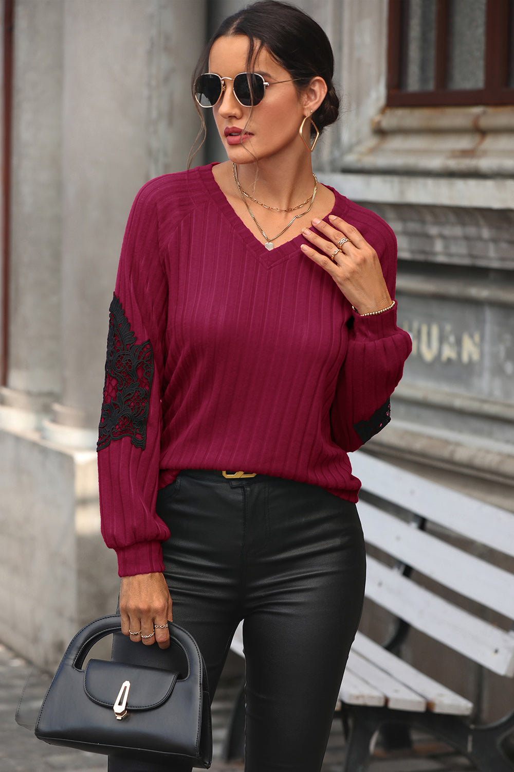 Perfee Ribbed Lace Detail V-Neck Sweater