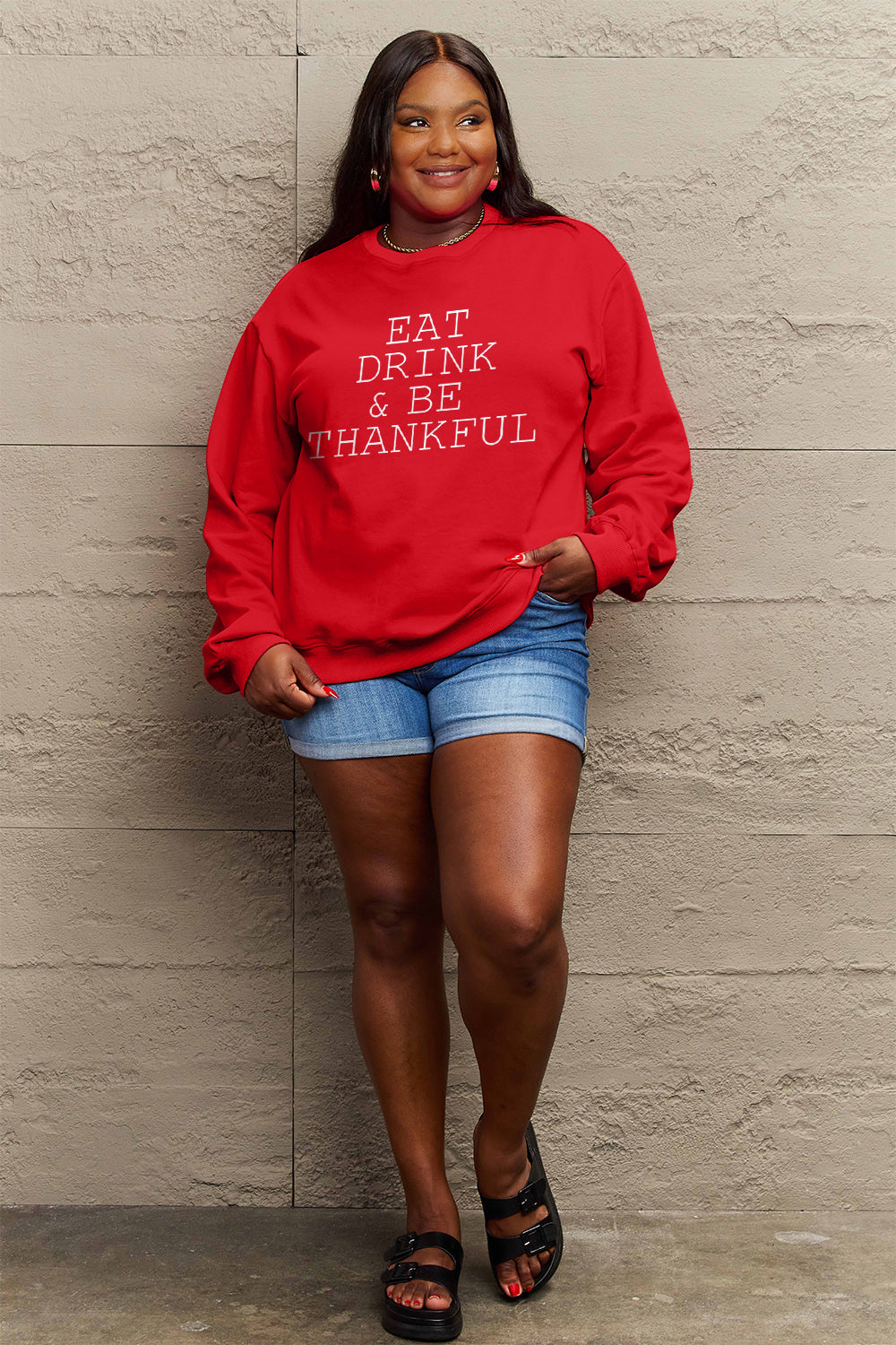 Simply Love Full Size EAT DRINK &amp; BE THANKFUL Round Neck Sweatshirt