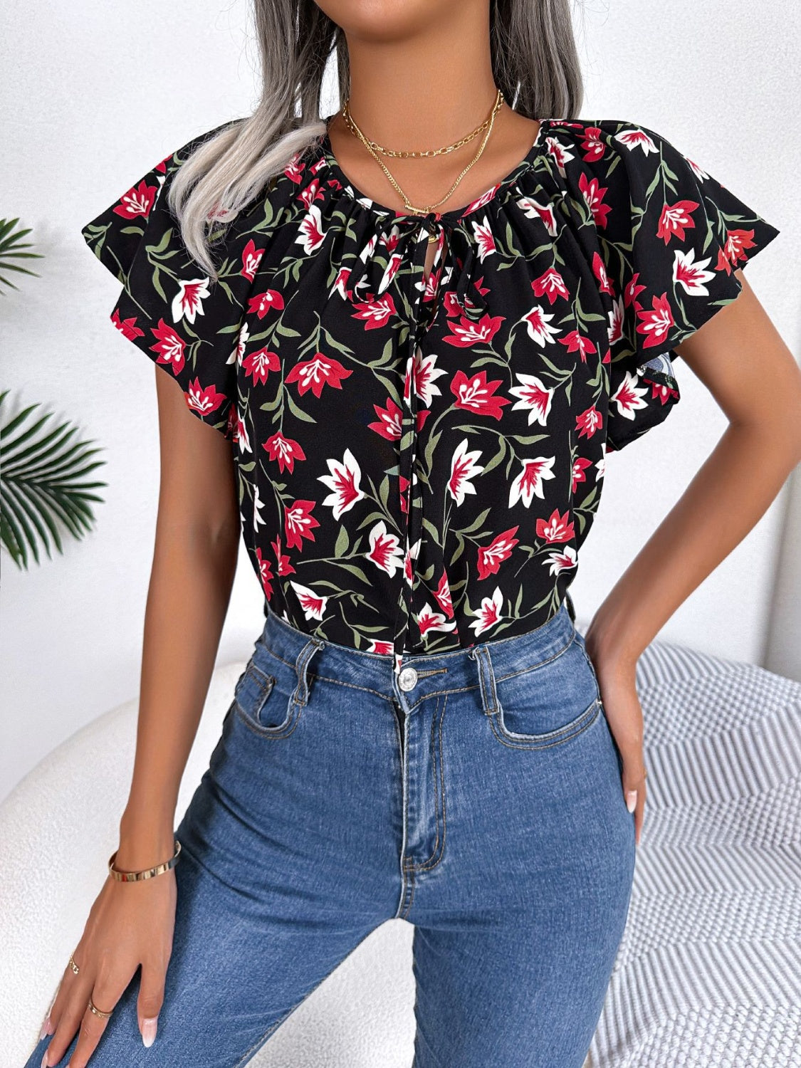 Floral Tie Neck Flutter Sleeve Blouse