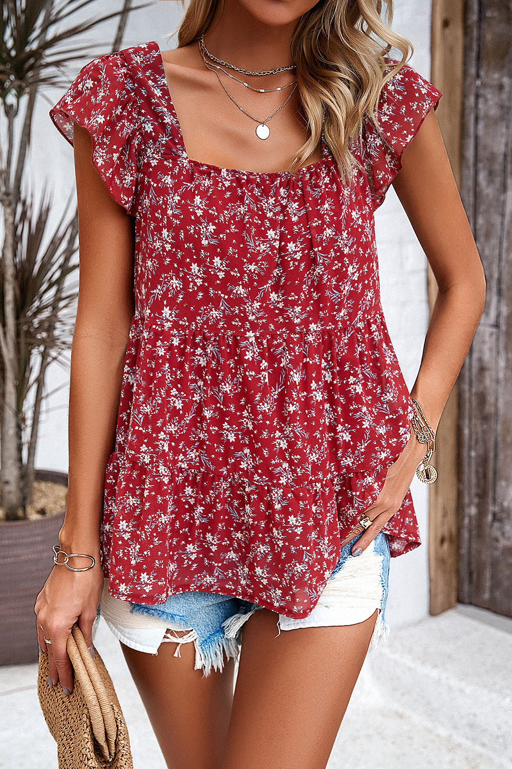 Devine Printed Square Neck Cap Sleeve Blouse