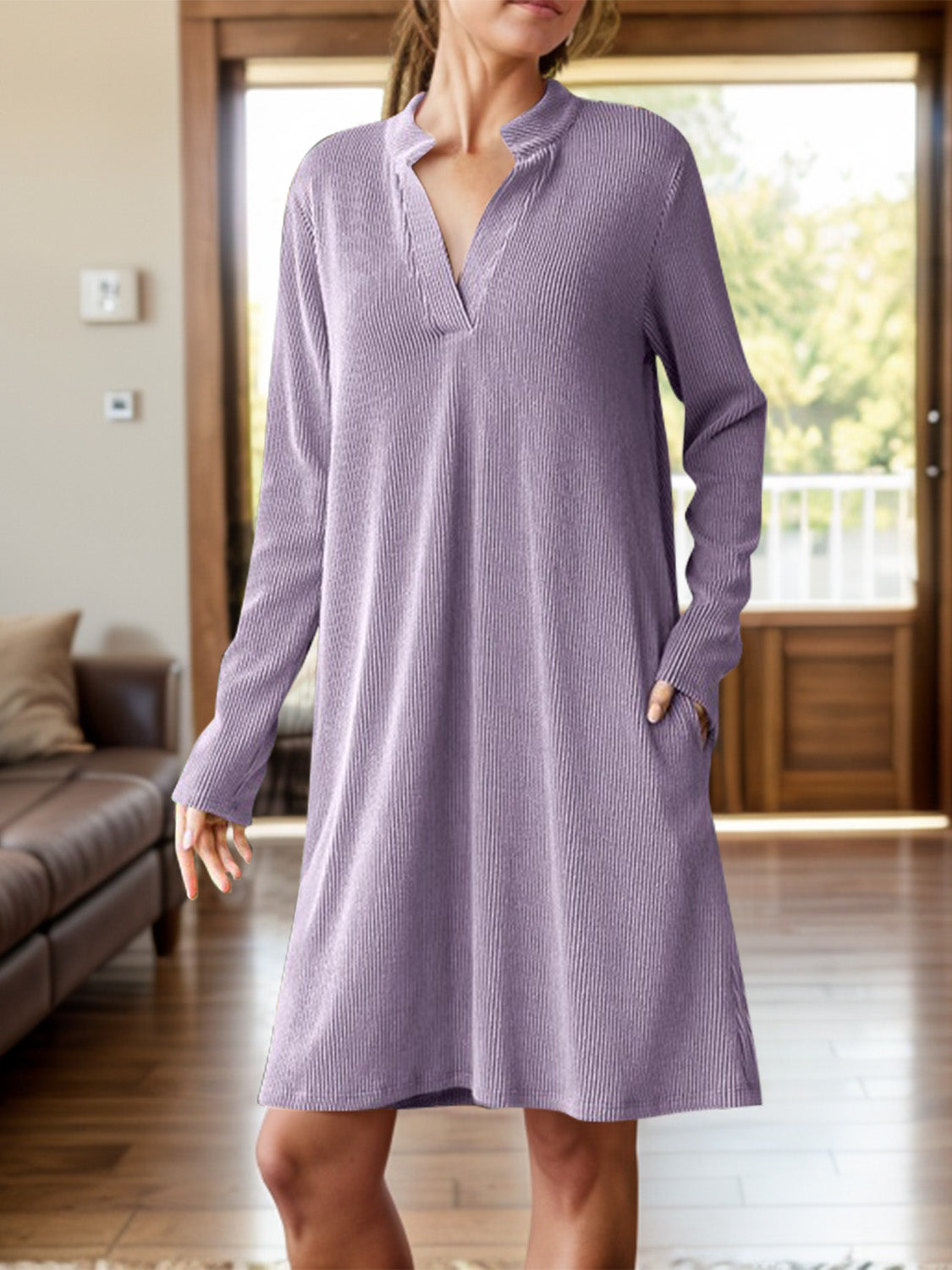 Notched Long Sleeve Mini Dress with Pockets