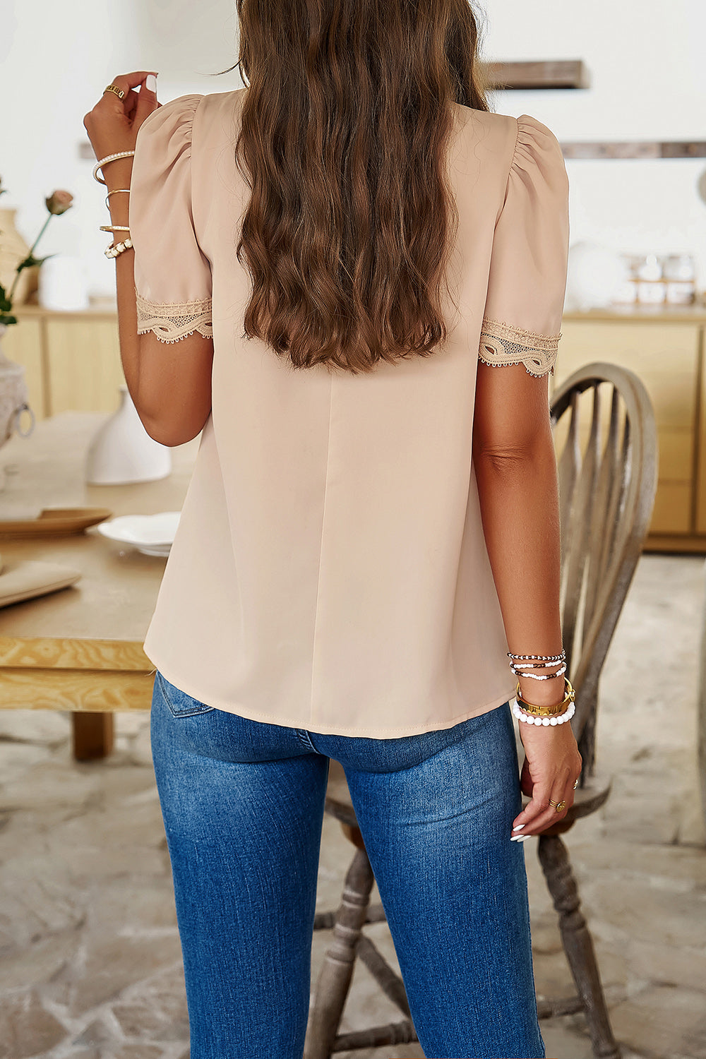 Devine Ruched Mock Neck Short Sleeve Blouse