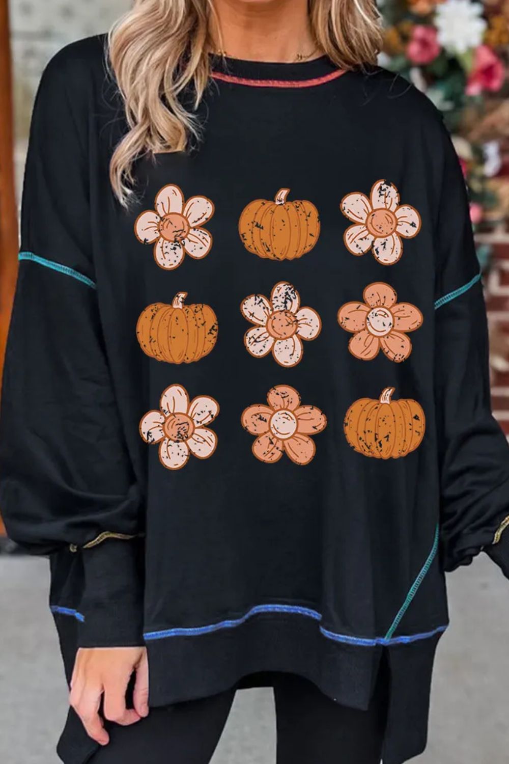 Pumpkin &amp; Flower Graphic Long Sleeve Sweatshirt