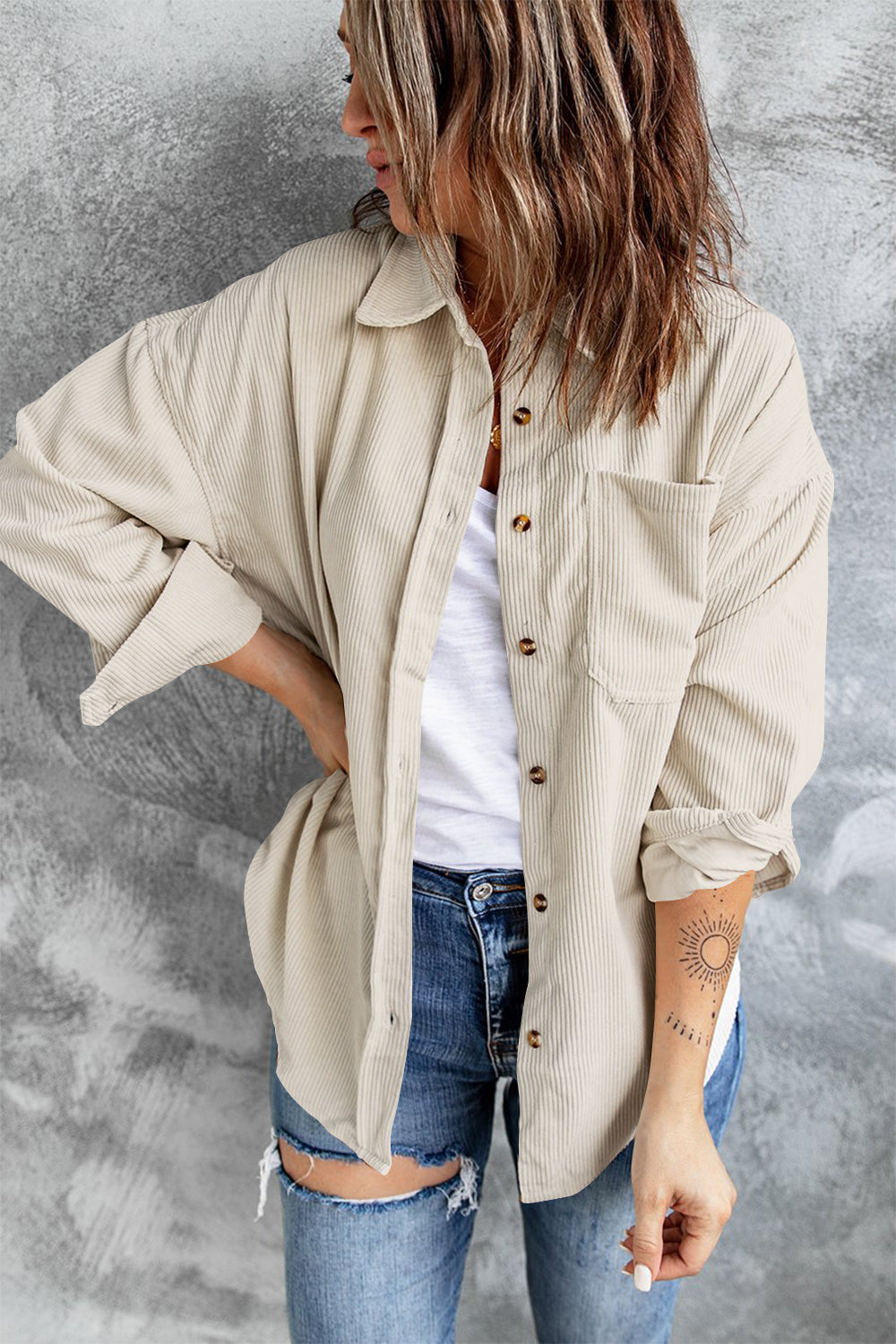 Collared Neck Button Up Dropped Shoulder Shacket