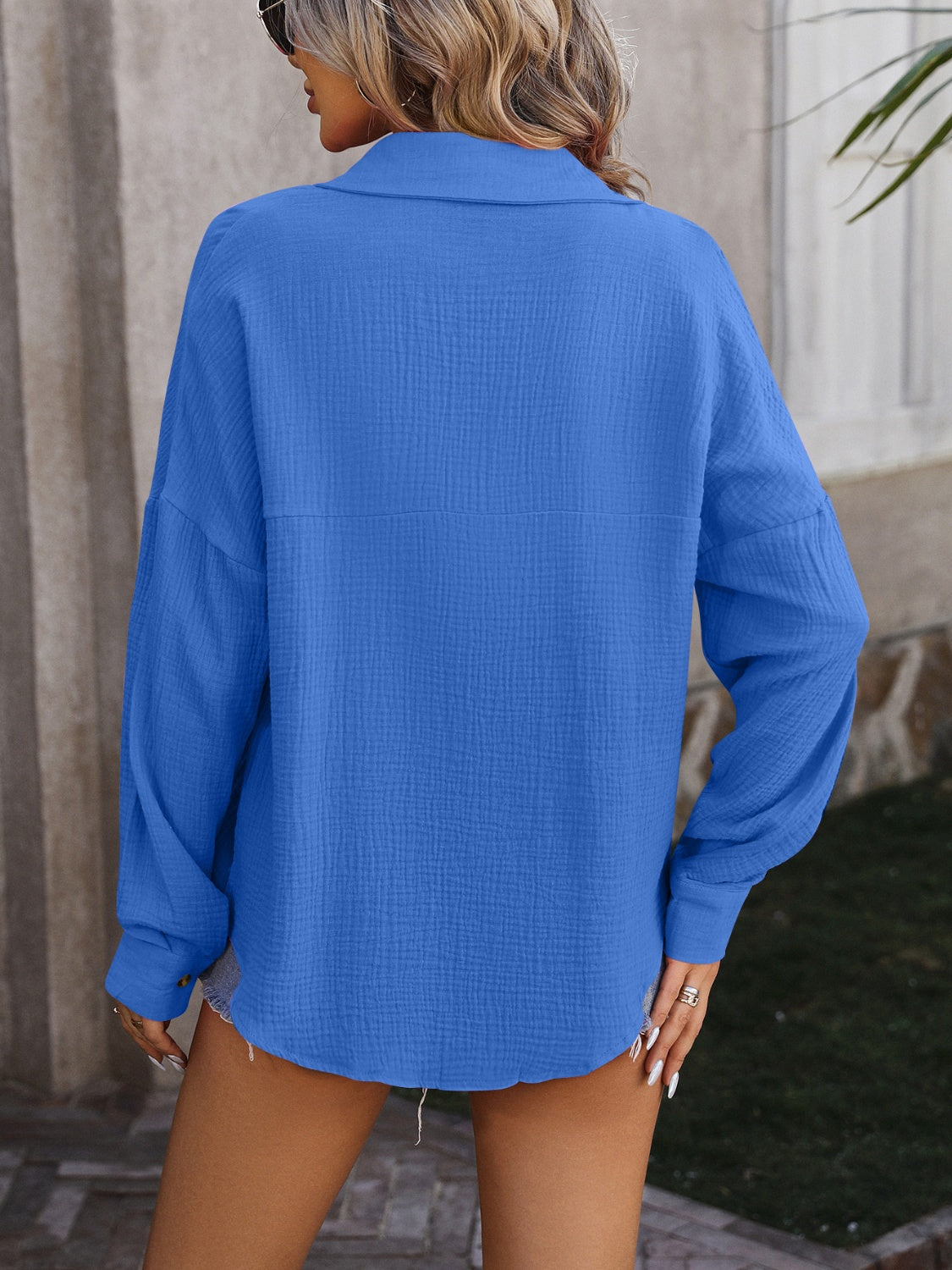 Mandy Textured Pocketed Button Up Dropped Shoulder Shirt