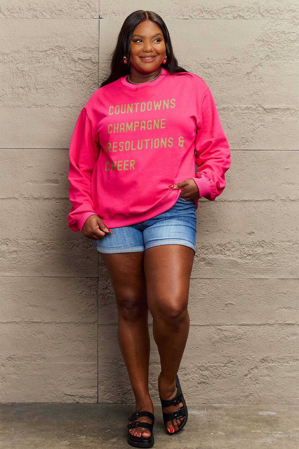 Simply Love Full Size COUNTDOWNS CHAMPAGNE RESOLUTIONS &amp; CHEER Round Neck Sweatshirt